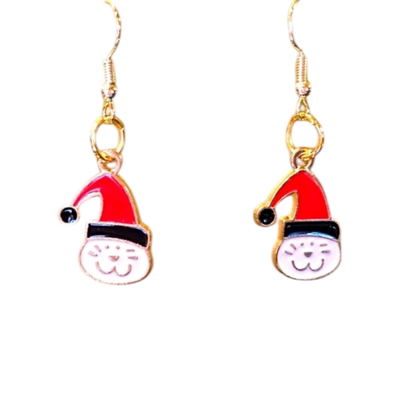 Red & White Enamel Christmas Cat Dangle Earrings • Gold-Tone Holiday Jewelry - Picture 3 of 5